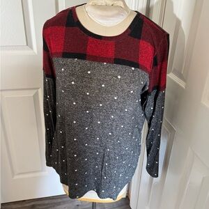 Red and Gray Plaid Long Sleeve Top